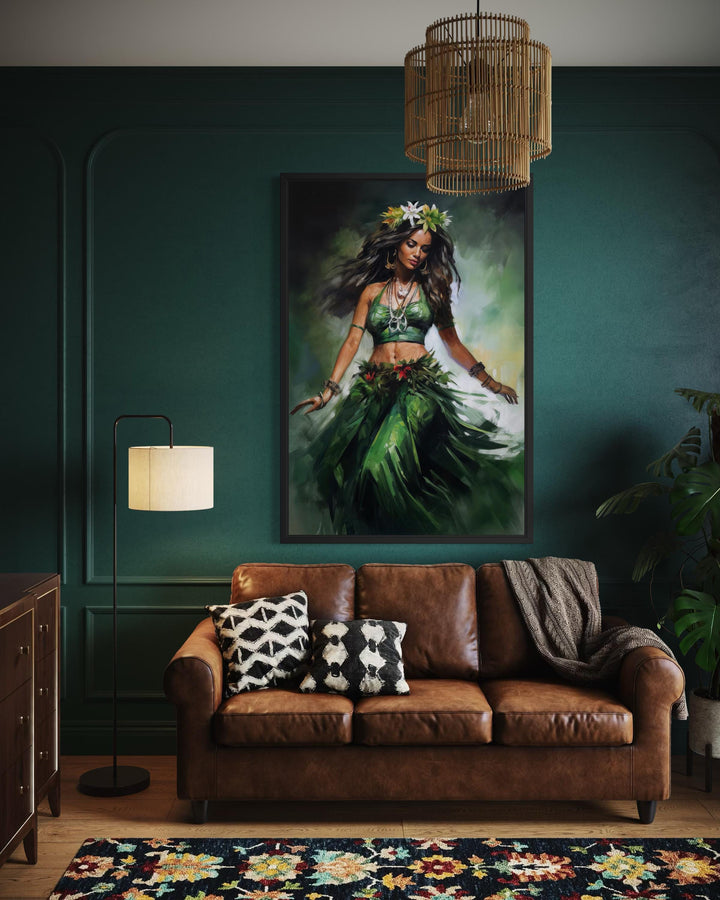 Hawaiian Hula Dancer canvas wall art featuring a dancer in a green dress on a dark green wall.