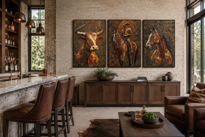 Western Wall Art Set Of 3 – Cowboy, Longhorn Bull, and Horse Canvas Prints for Rustic Ranch or Man Cave Decor