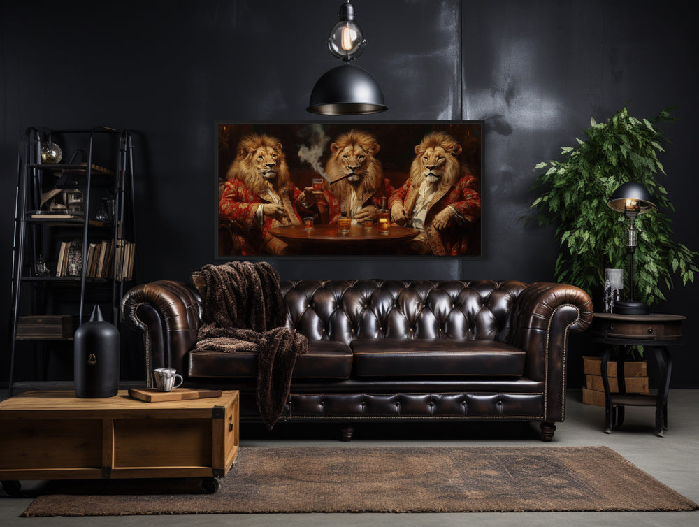 Royal Lions Drinking Whiskey Smoking Cigar Framed Bar Canvas Wall Art in man cave