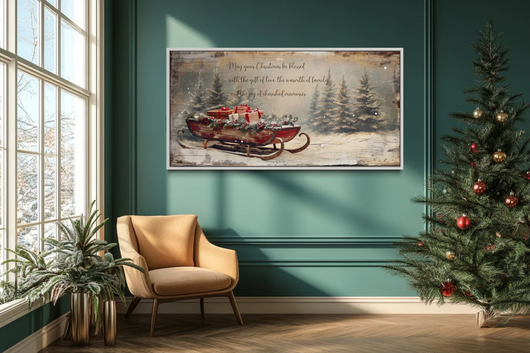 Christmas Blessing On Santa's Sleigh With Gifts Painting Framed Canvas Wall Art in Christmas Room