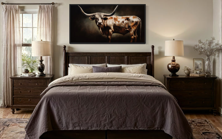 Brown Longhorn Steer Painting Framed Large Canvas Wall Art