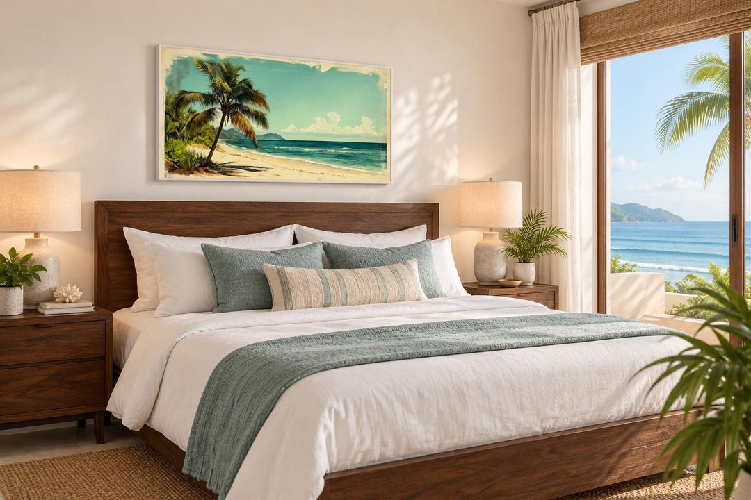 Vintage Style  Tropical Beach With Palm Tree Canvas Wall Art