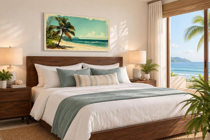 Vintage Style  Tropical Beach With Palm Tree Canvas Wall Art