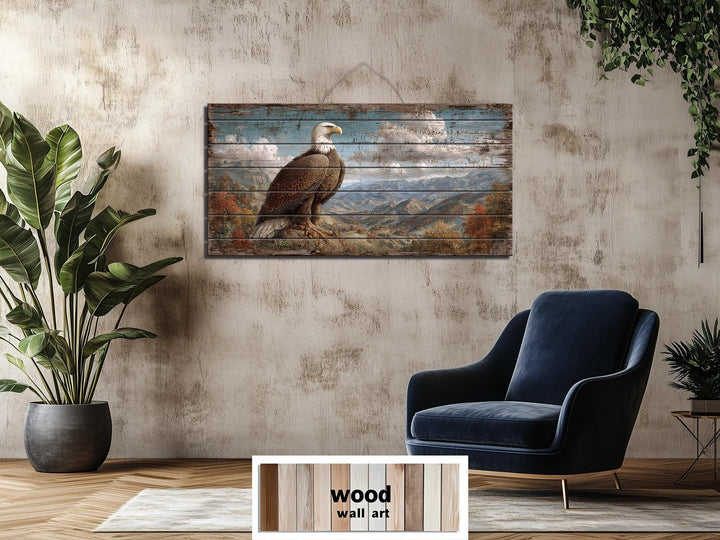 Rustic Bald Eagle Mountain Landscape Distressed Wood Wall Art
