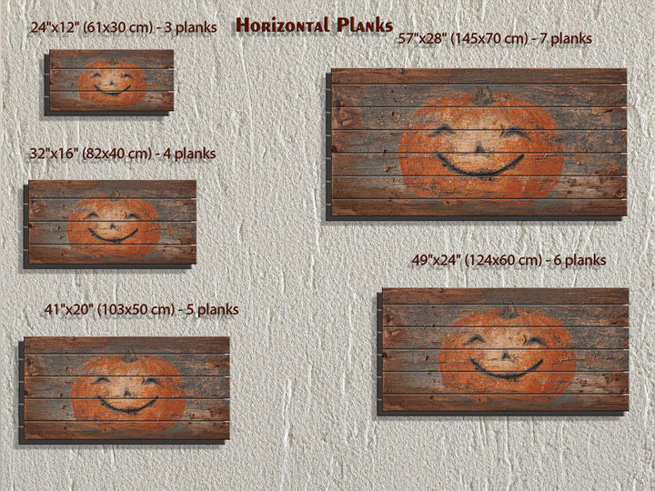 Five size options for primitive pumpkin distressed wood wall art, ranging from 24x12 to 57x28 inches.