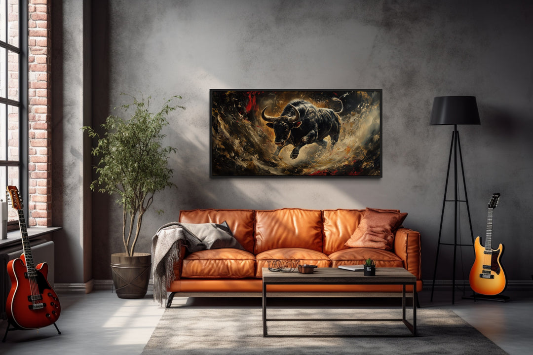 Spanish Fighting Bull Framed Canvas Wall Art in man cave