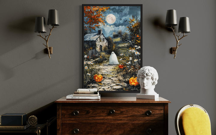 Spooky Ghost Decor with Full Moon And Pumpkin Path Halloween Canvas Wall Art