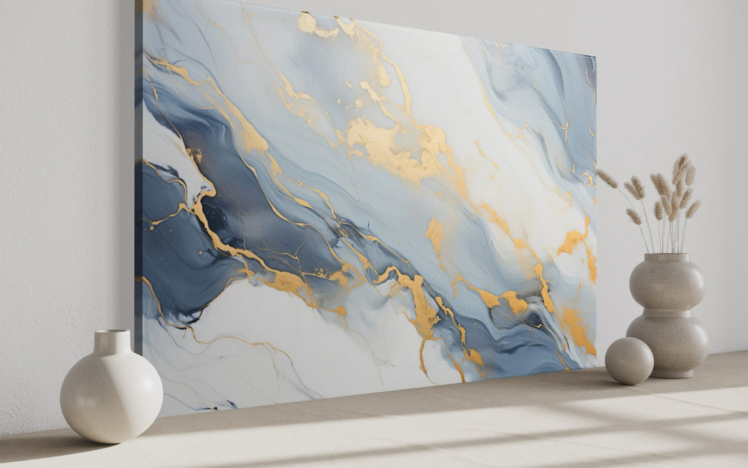 Pale Blue Grey Gold Abstract Marble Canvas Wall Art side view