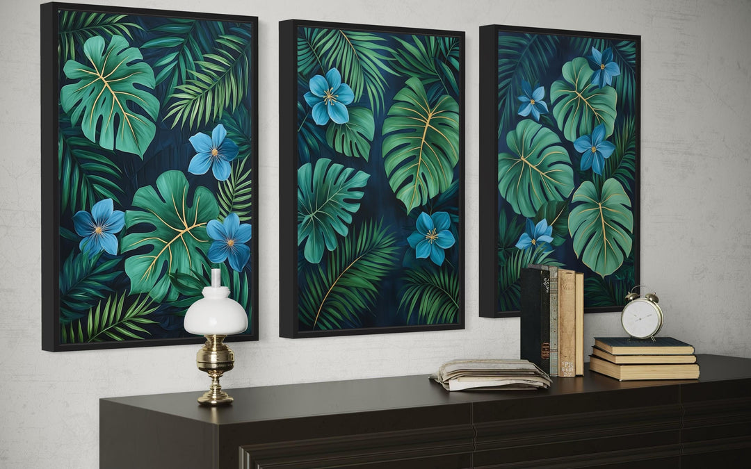 Rainforest Canvas Wall Art – Set of 3 Tropical Botanical Prints | Green Gold Blue