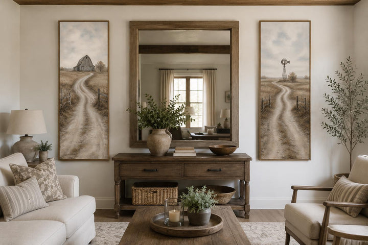Set of 2 tall narrow farmhouse wall art panels featuring a barn and windmill in golden fields.