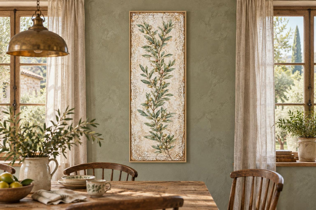 Tall vertical canvas art featuring a green olive branch on a textured, aged cream background.