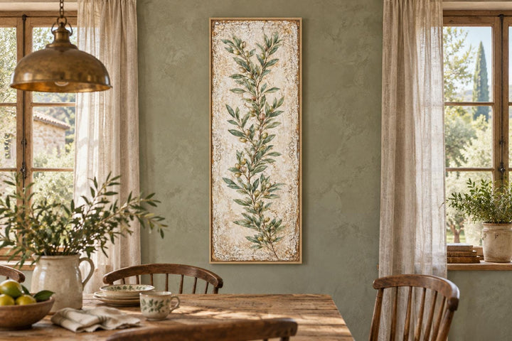 Tall vertical canvas art featuring a green olive branch on a textured, aged cream background.