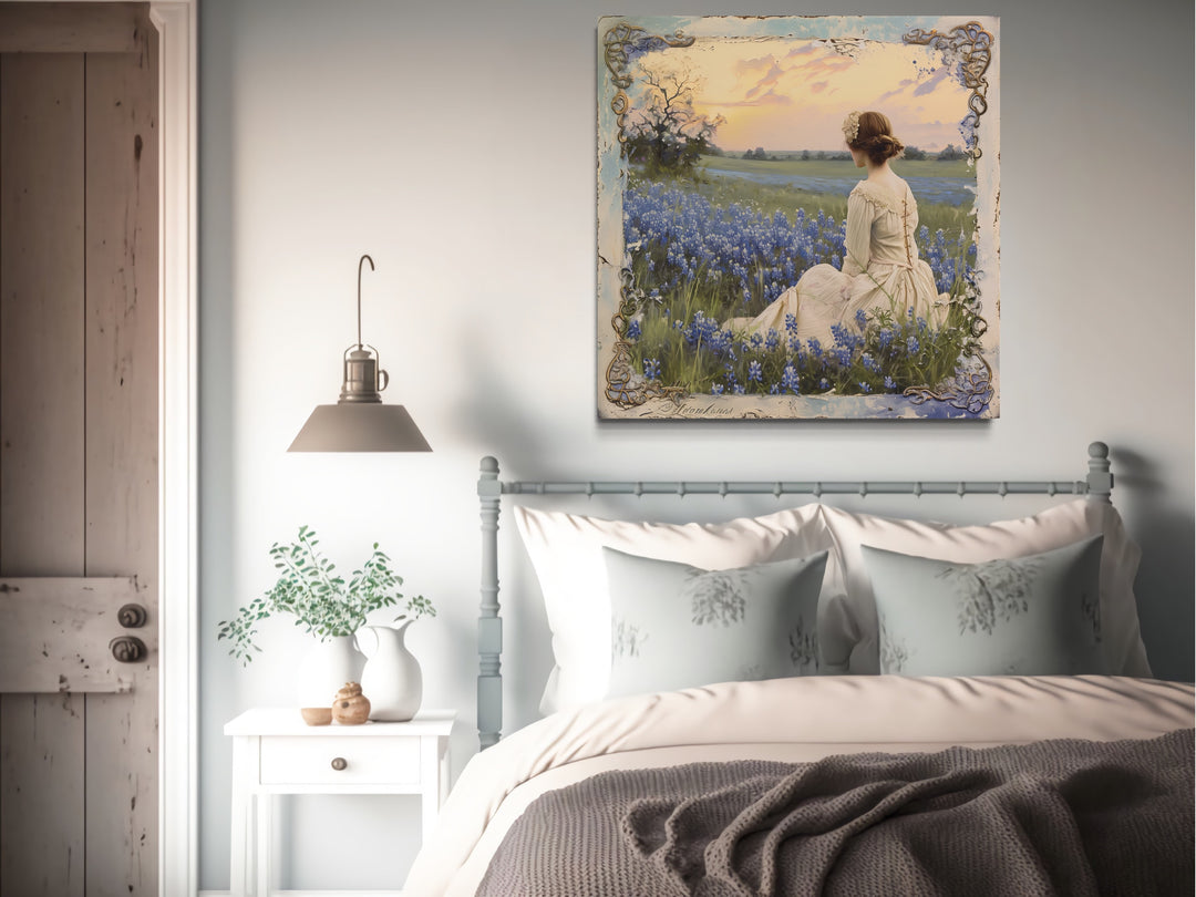 Vintage Lady in Bluebonnet Field Rustic Canvas Wall Art above rustic bed