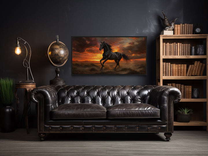 Black Stallion at Sunset Framed Canvas Wall Art in man cave