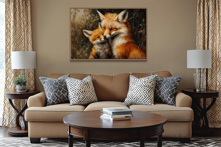 Fox Mama And Baby Hugging Framed Canvas Wall Art