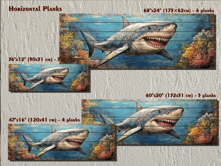 Great white shark wall art on horizontal wood planks in four different sizes.
