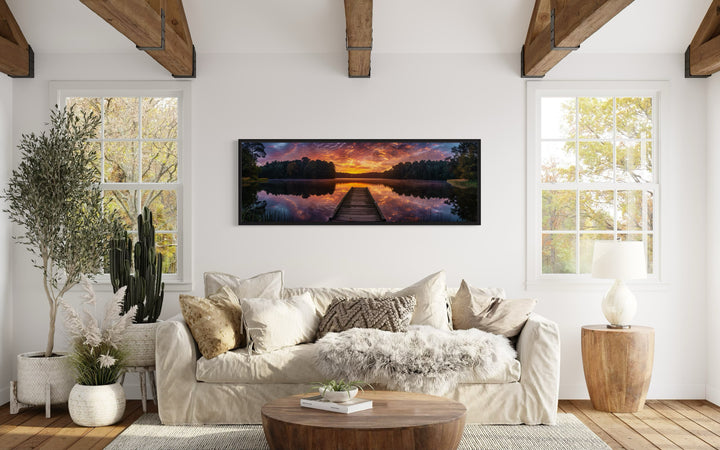 Lake Landscape With Fishing Pier At Sunset Horizontal Canvas Wall Art in living room