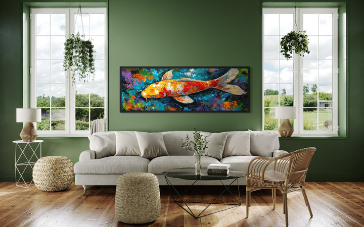 Colorful Koi Fish Long Narrow Framed Canvas Wall Art in green room