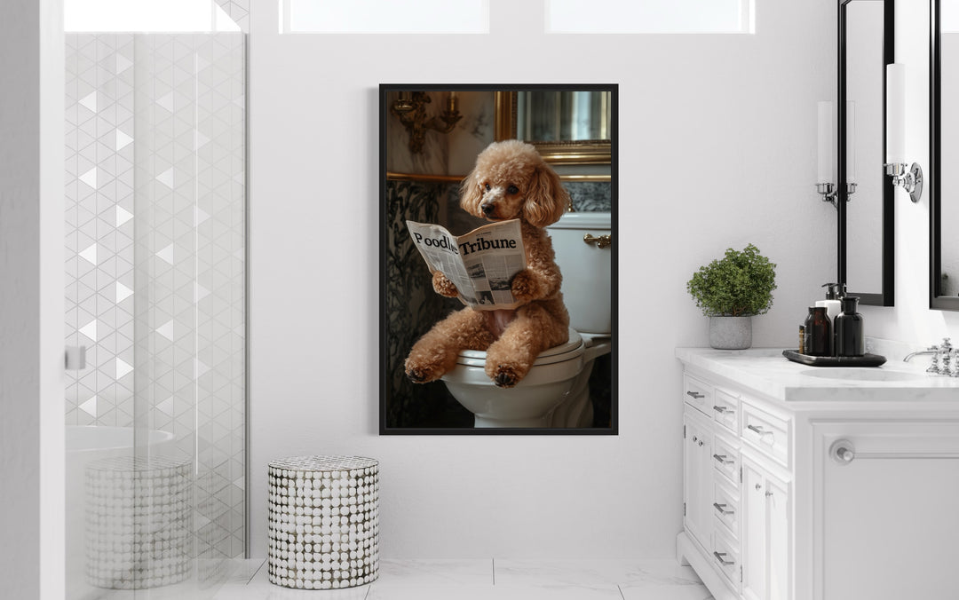 Peach Poodle On Toilet Reading Newspaper Framed Canvas Wall Art