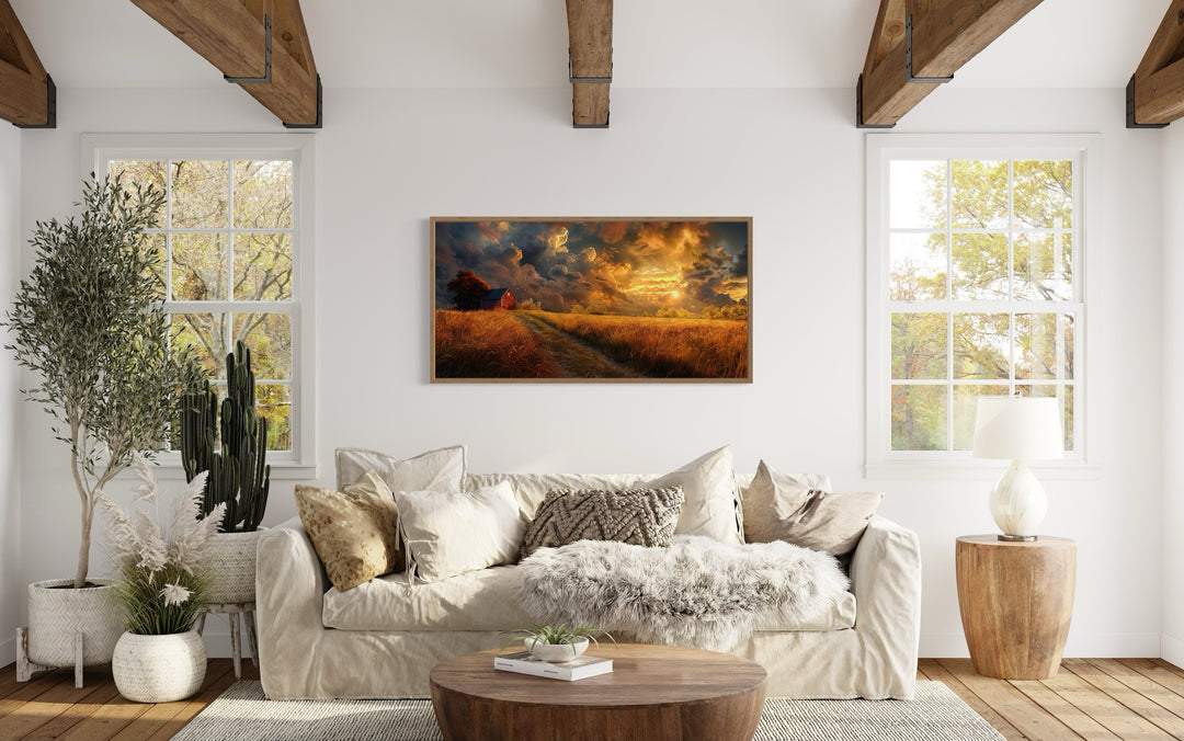 Old Red Barn In Autumn Sunset Framed Farmhouse Canvas Wall Art in living room