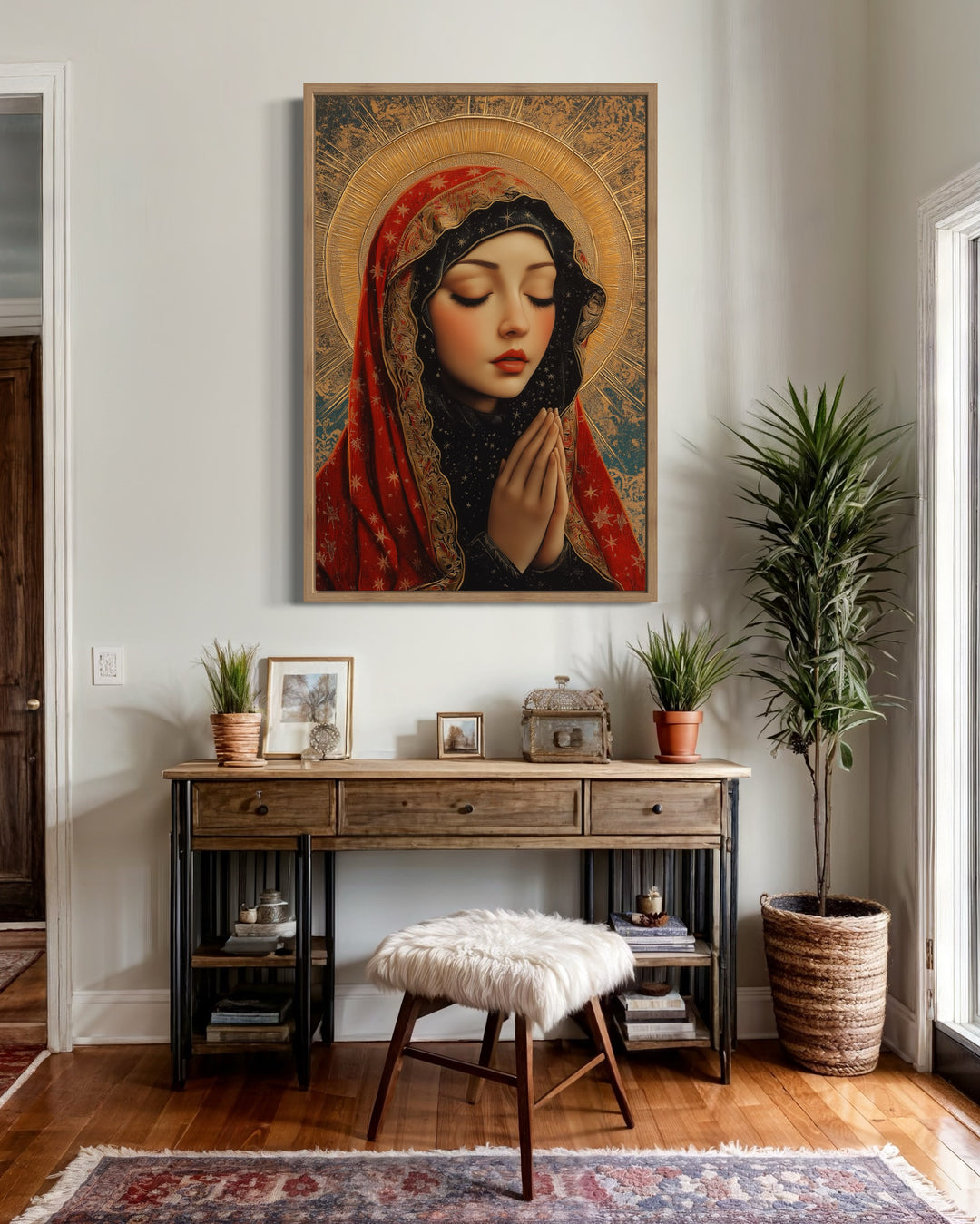 Blessed Virgin Mary Modern Icon Framed Christian Canvas Wall Art above table