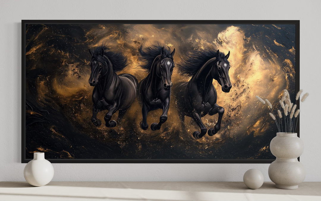 Three Running Stallions On Black Gold Background Framed Canvas Wall Art close up