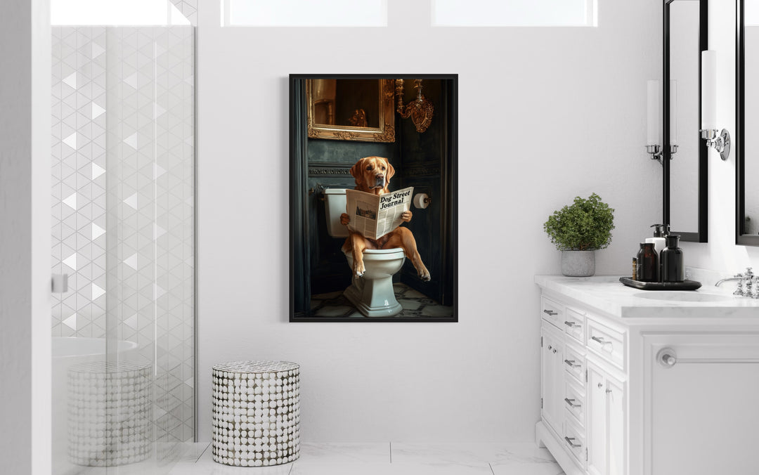 Yellow Labrador Retriever On Toilet Reading Newspaper canvas wall art in the bathroom