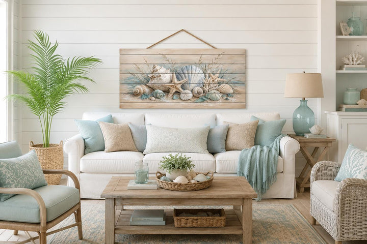 Seashells and starfish watercolor print on distressed wood planks with a rope hanger.