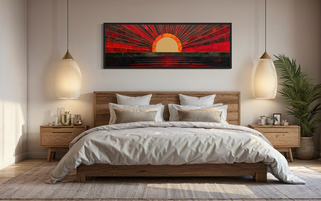 Mid Century Modern Black Red Long Horizontal Sun Wall Art in a bedroom with a large bed