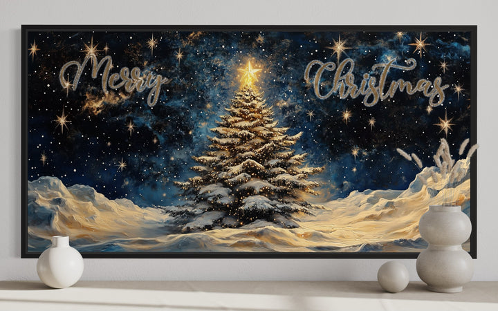 Merry Christmas Sign With Decorated Tree And Snow Canvas Wall Art close up