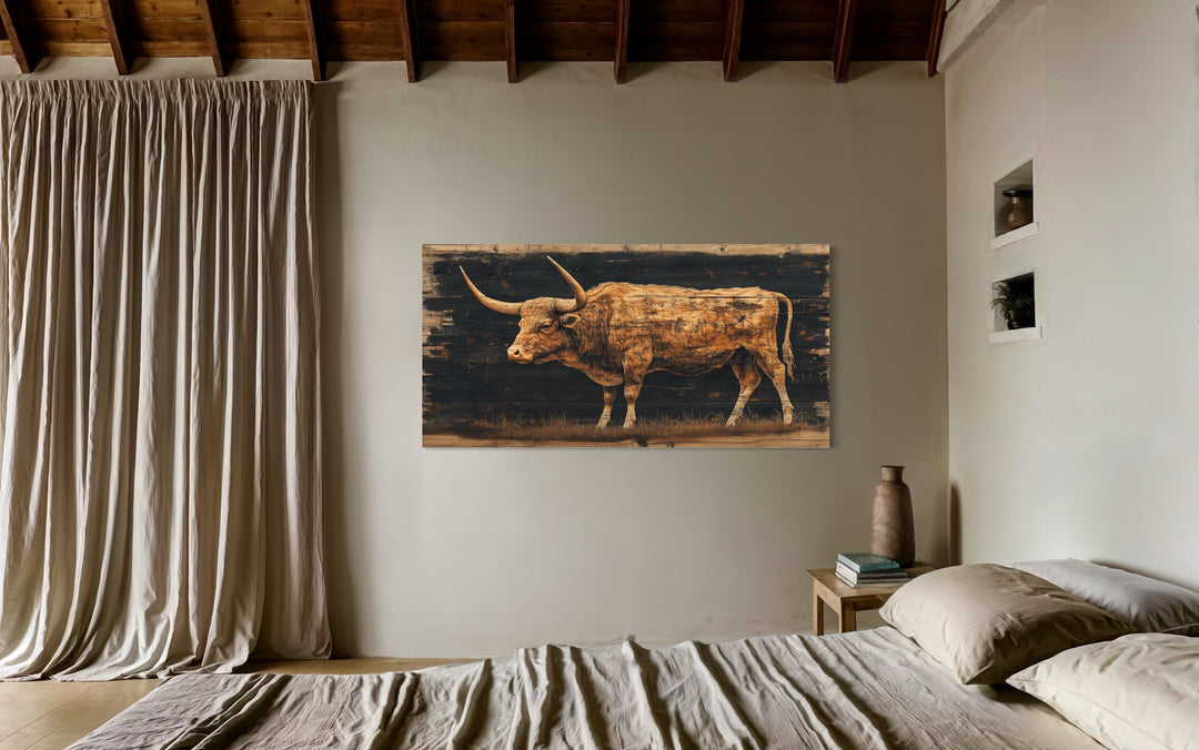 Brown Texas Longhorn Cow Painted On Black Rustic Framed Canvas Wall Art