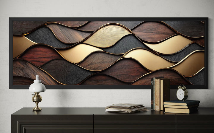 Long horizontal abstract wood texture canvas with brown and gold geometric waves in a black frame.