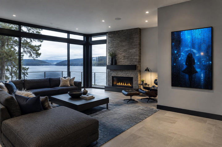 Woman silhouette walking in rain with umbrella canvas wall art in a modern living room.
