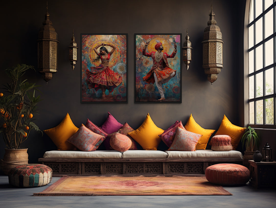 2 Piece Indian Man And Woman Dancing Framed Canvas Wall Art in an Indian living room with a couch