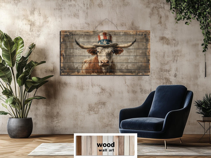 Longhorn Bull Wall Art - Rustic Wood Decor With Uncle Sam Hat | Patriotic Farmhouse