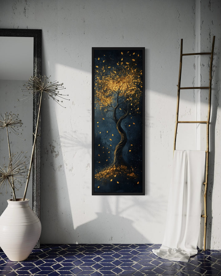 Enchanted Golden Tree On Navy Background Vertical Narrow Wall Art in living room