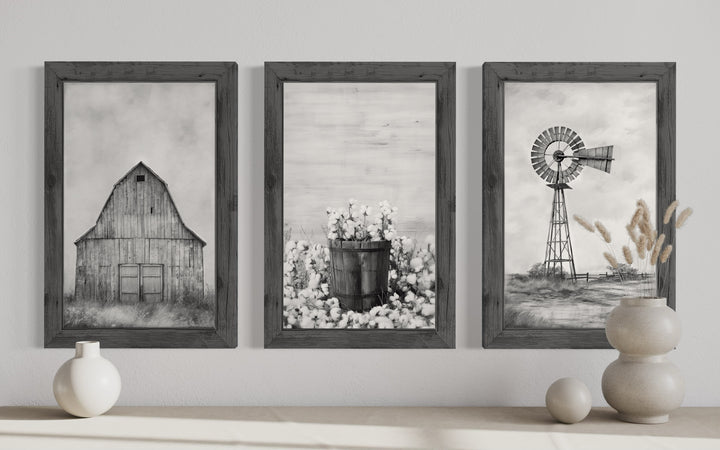 set of three wall art paintings of a barn, cotton and a windmill on a wall