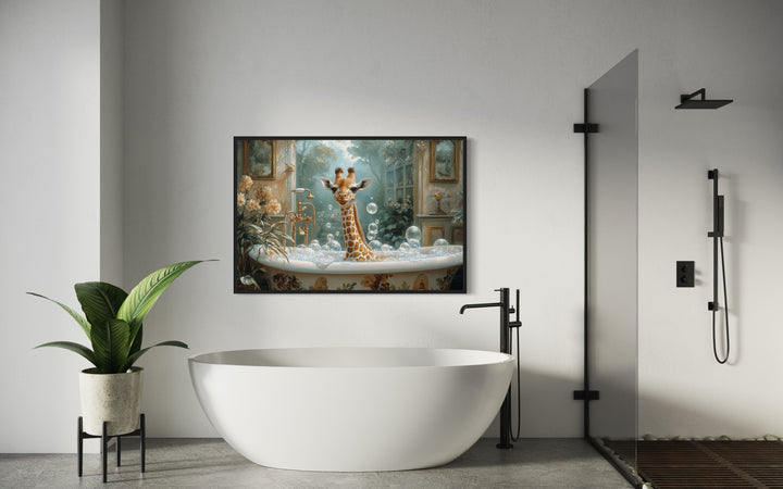 Giraffe in a Bathtub Framed Canvas Wall Art in bathroom