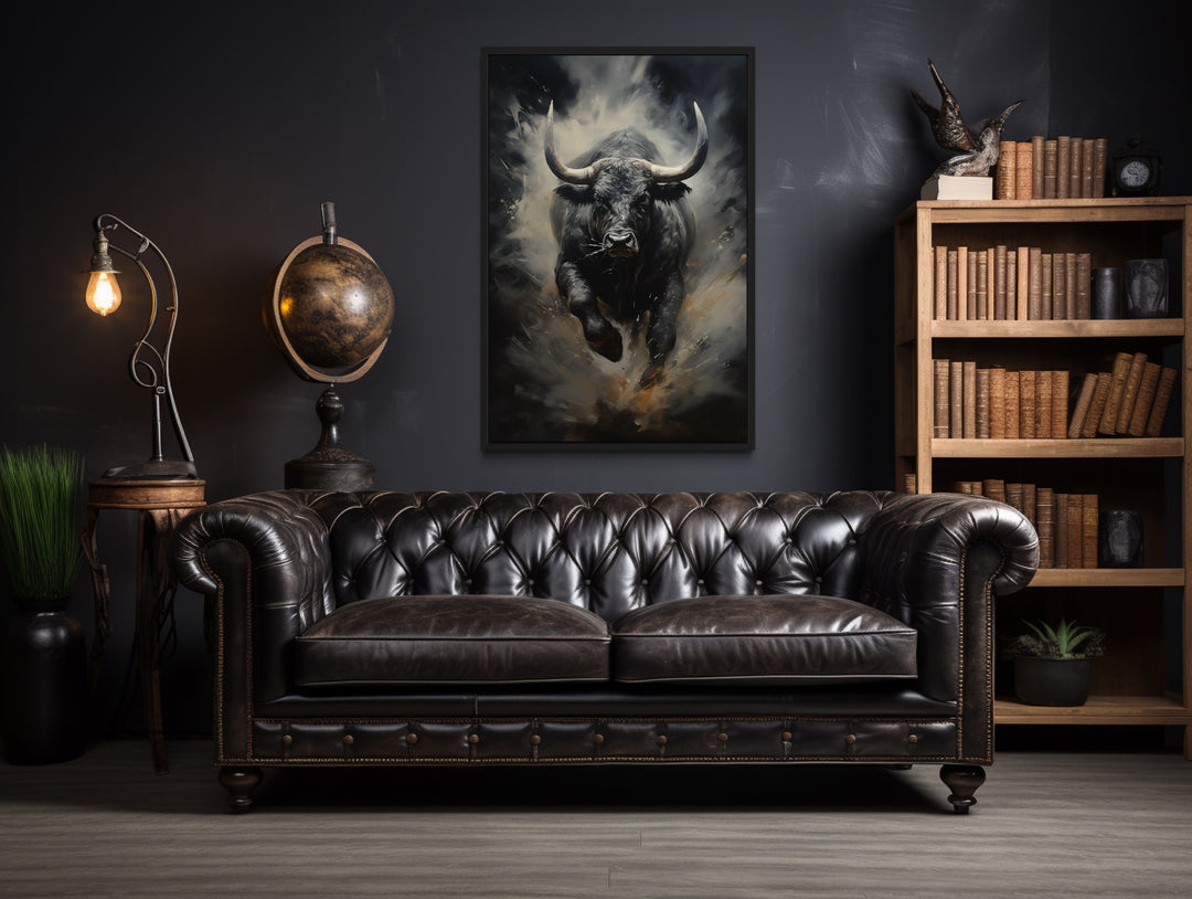 Black Charging Bull Abstract Framed Canvas Wall Art in man cave