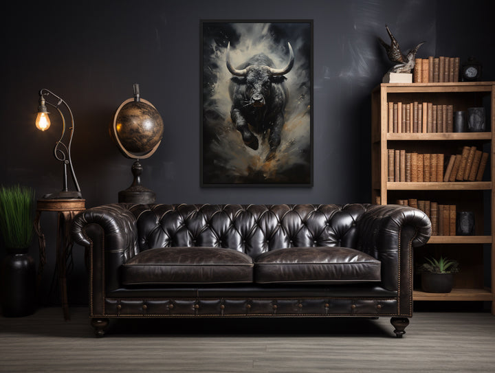 Black Charging Bull Abstract Framed Canvas Wall Art in man cave