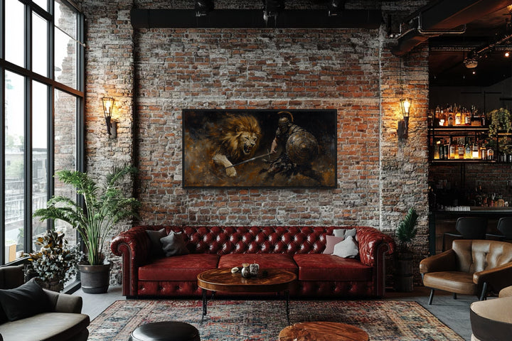 Gladiator Fighting Lion Canvas Wall Art in man cave