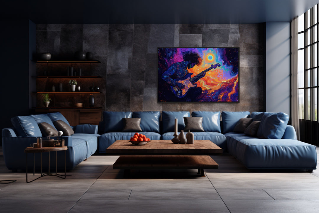 Man Playing Guitar Psychedelic Music Framed Canvas Wall Art in man cave