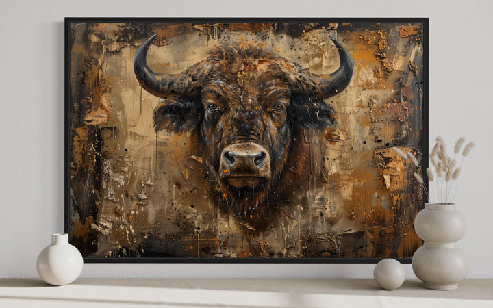 American Buffalo Head Abstract Painting Framed Canvas Wall Art close up