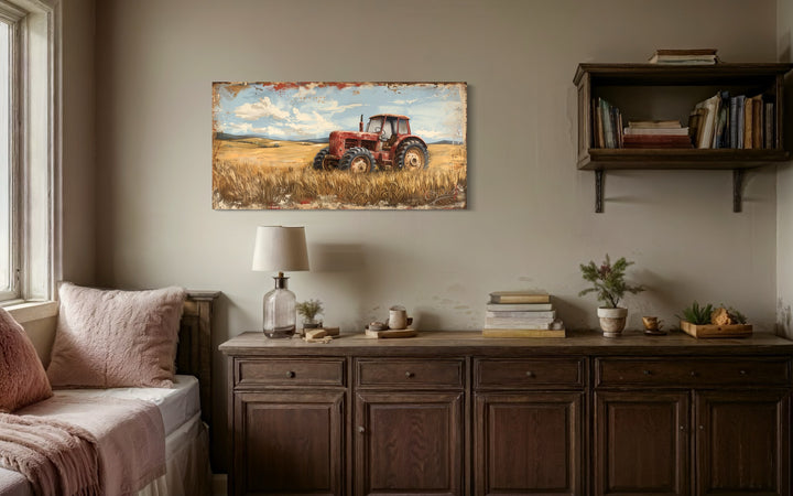 Vintage Old Red Tractor In The Wheat Field Rustic Canvas Wall Art in farmhouse room