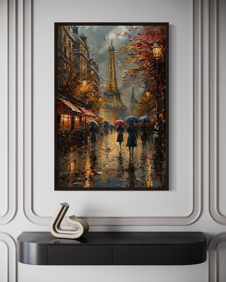 Romantic Paris Street In Rain With Eiffel Tower Framed Canvas Wall Art close up