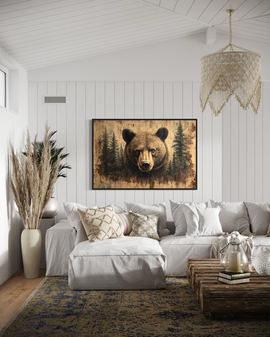 Grizzly Bear Portrait On Wood Rustic Framed Canvas Wall Art in living room