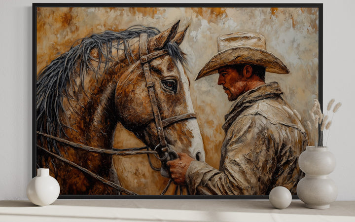 Portrait Of A Cowboy And His Horse Western Framed Canvas Wall Art close up