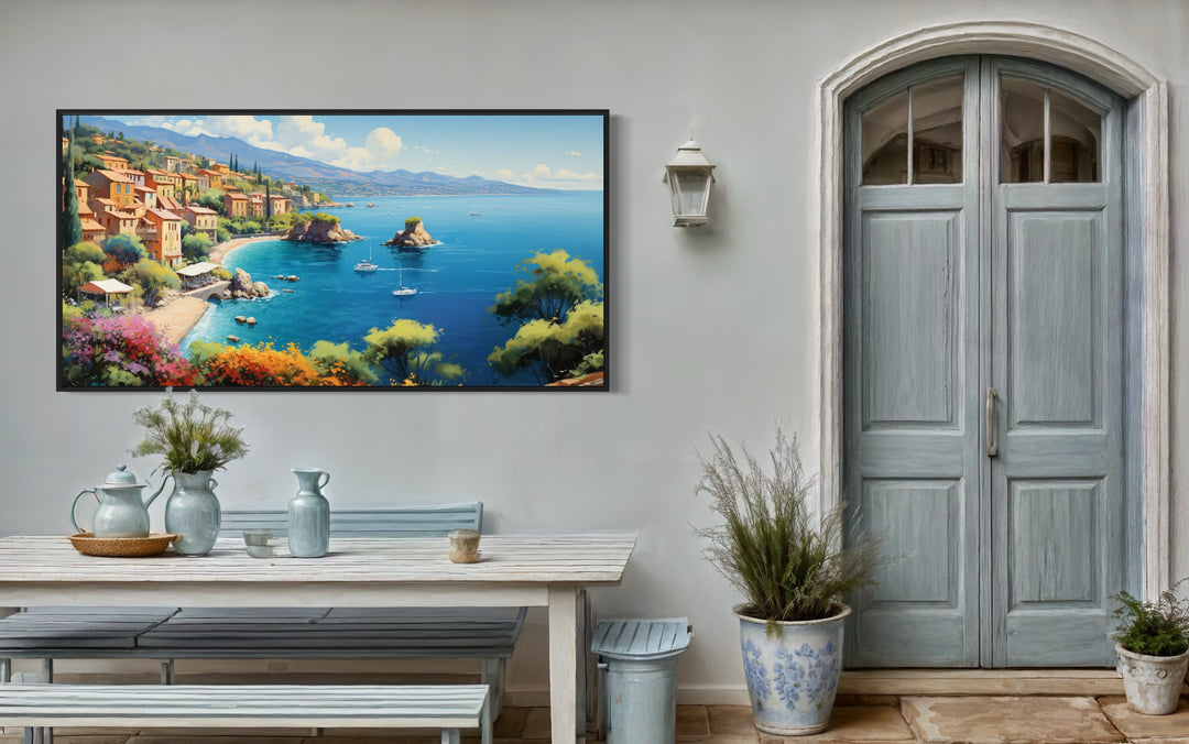 French Riviera Coastal Framed Canvas Wall Art in dining room