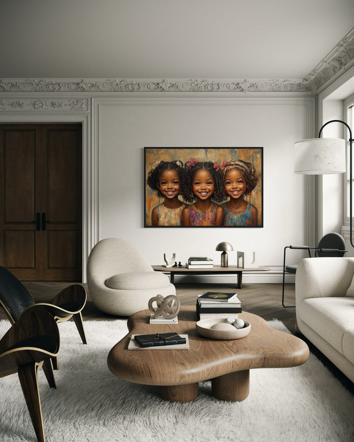 Three Happy Black Girls Smiling Framed Canvas Wall Art