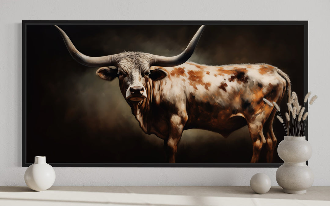 Brown Longhorn Steer Painting Framed Large Canvas Wall Art close up